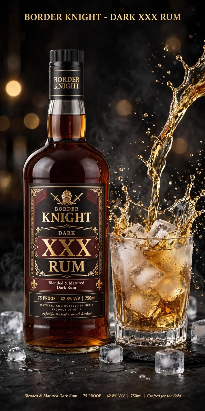 Border Knight Dark XXX Rum bottle and glass