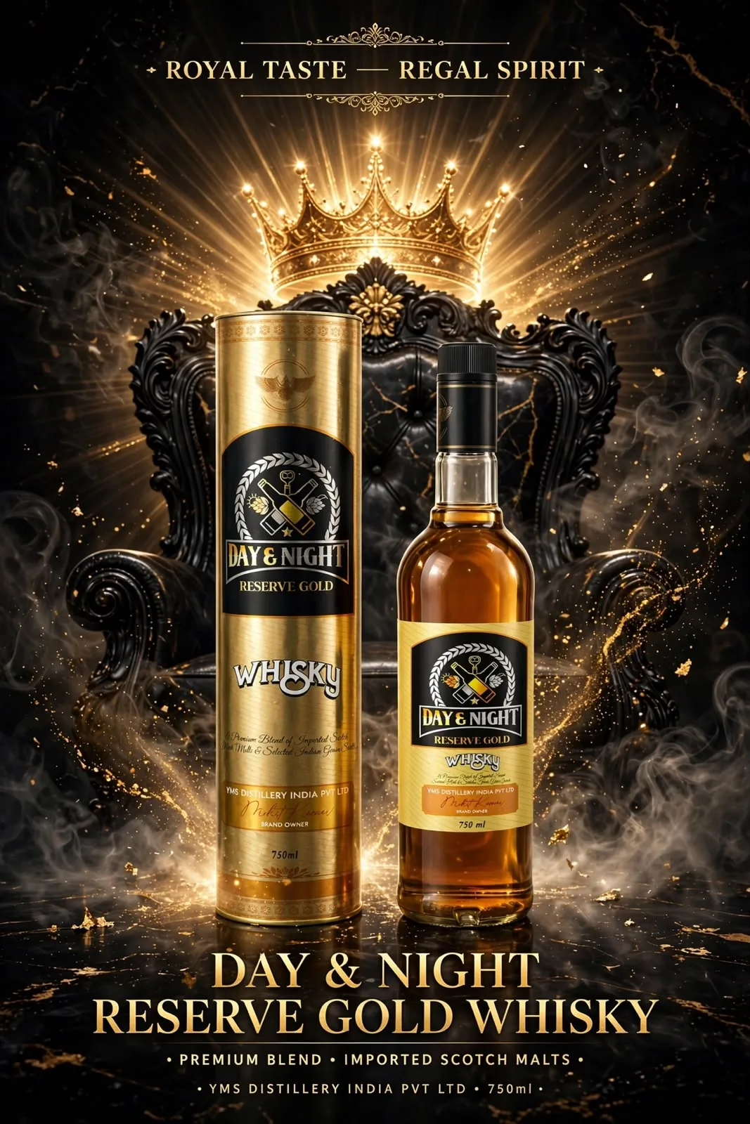 Day & Night Reserve Gold Whisky bottle and cylindrical tube