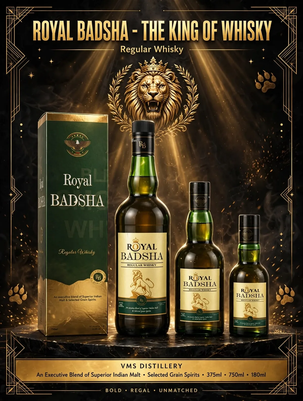 Royal Badsha Regular Whisky bottles and packaging