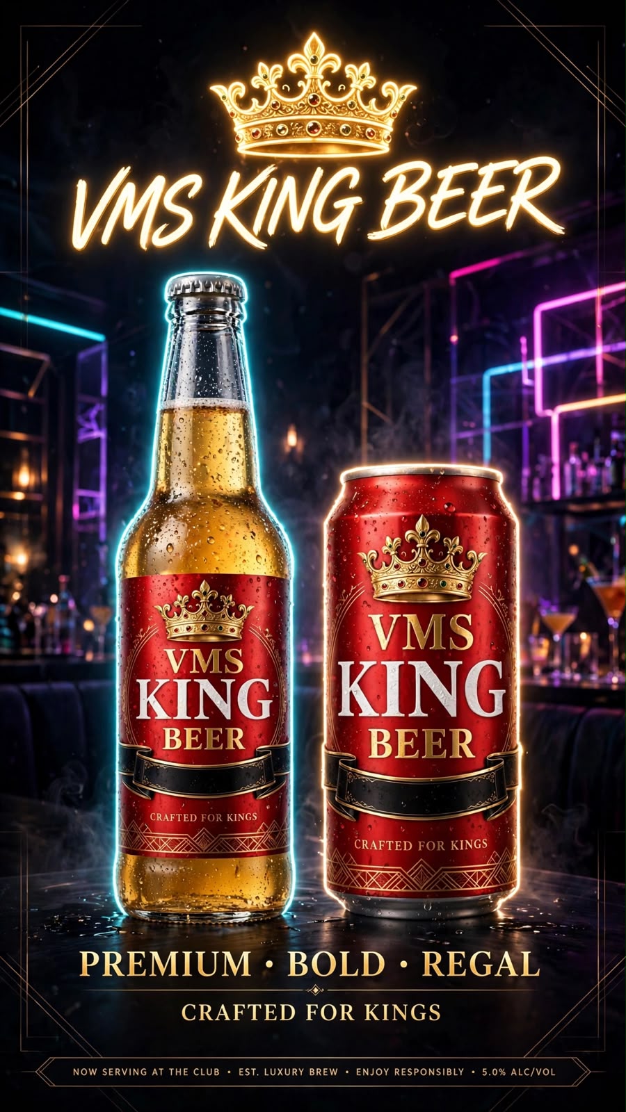 VMS King Beer bottle and can presentation