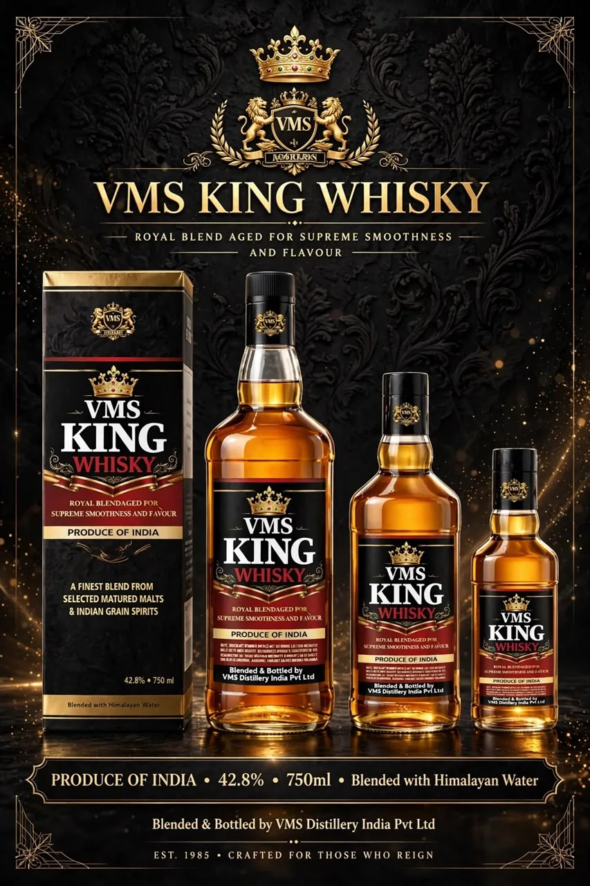VMS King Whisky bottles and box packaging
